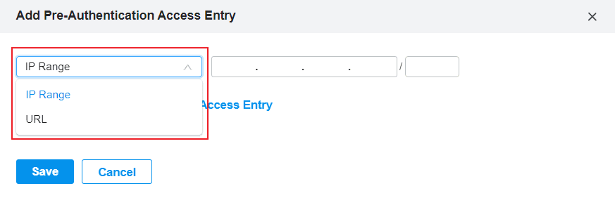 Omada Add Pre-Authentication Access Entry modal showing IP Range and URL options