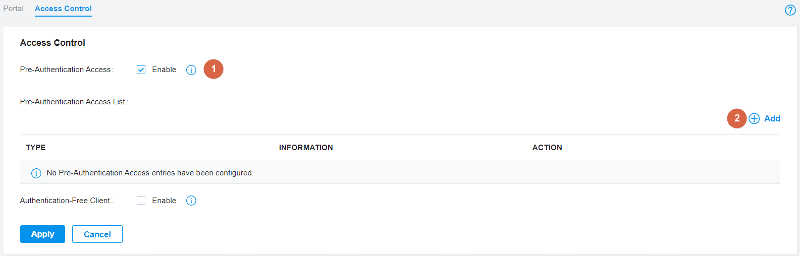Omada Access Control page with Pre-Authentication Access enabled and Add action highlighted